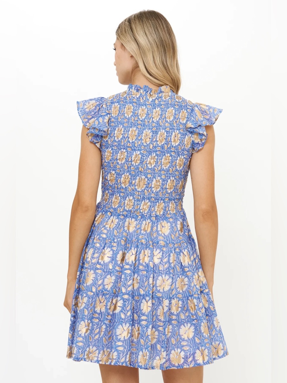 Oliphant Smocked Flirty Short Dress in Mughal Blue, Size XL - Picture 2 of 10